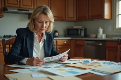 Femme d affaires examine des timbres dans la cuisine