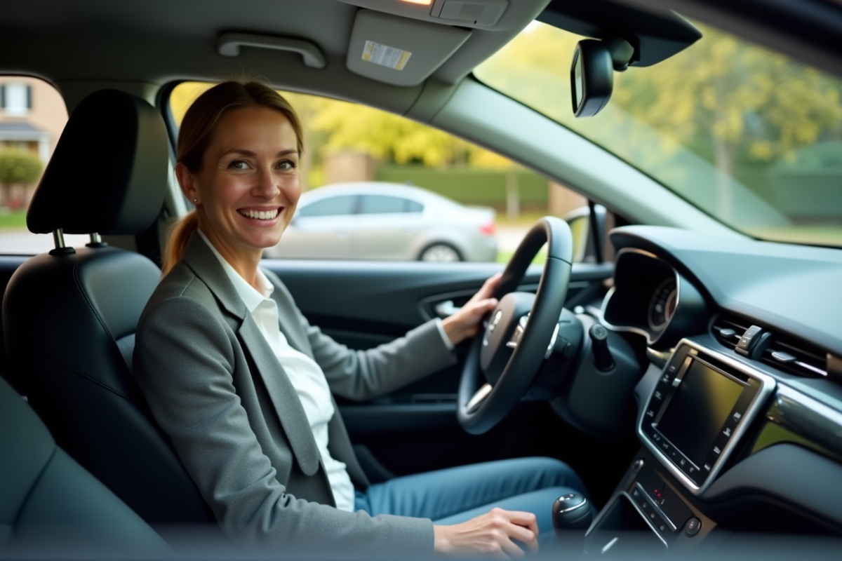 Femme d'âge moyen dans une voiture en ville en tenue décontractée