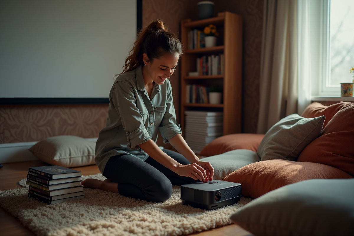 Femme connectant un projecteur dans une salle home cinema
