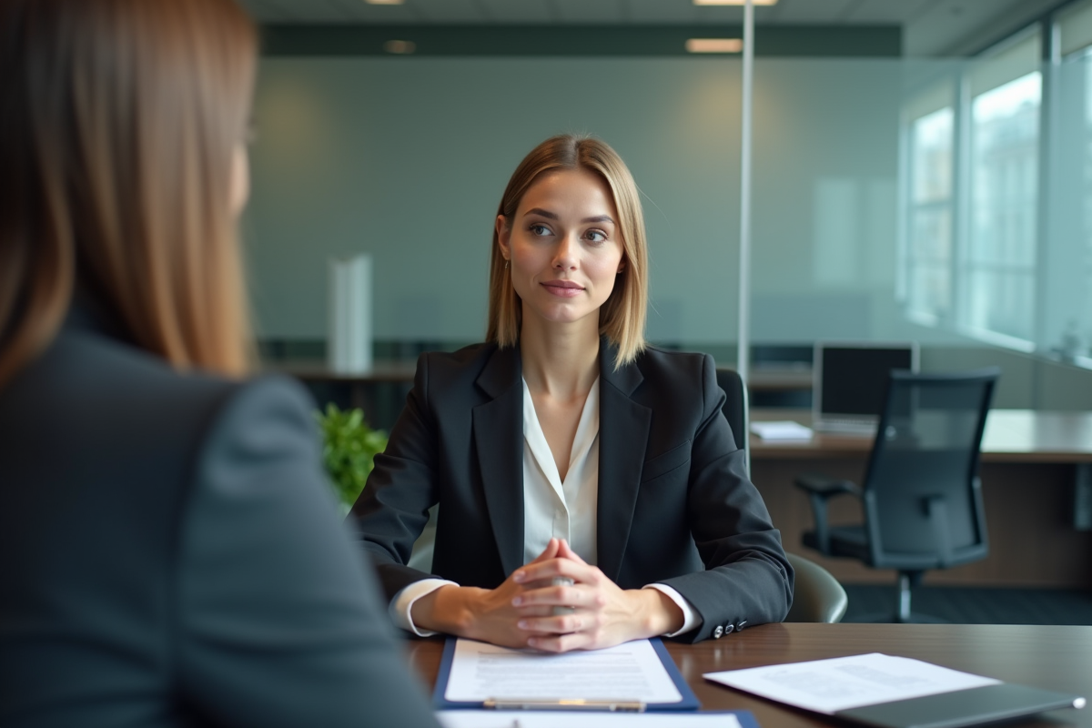 Jeune femme en costume écoutant un conseiller bancaire