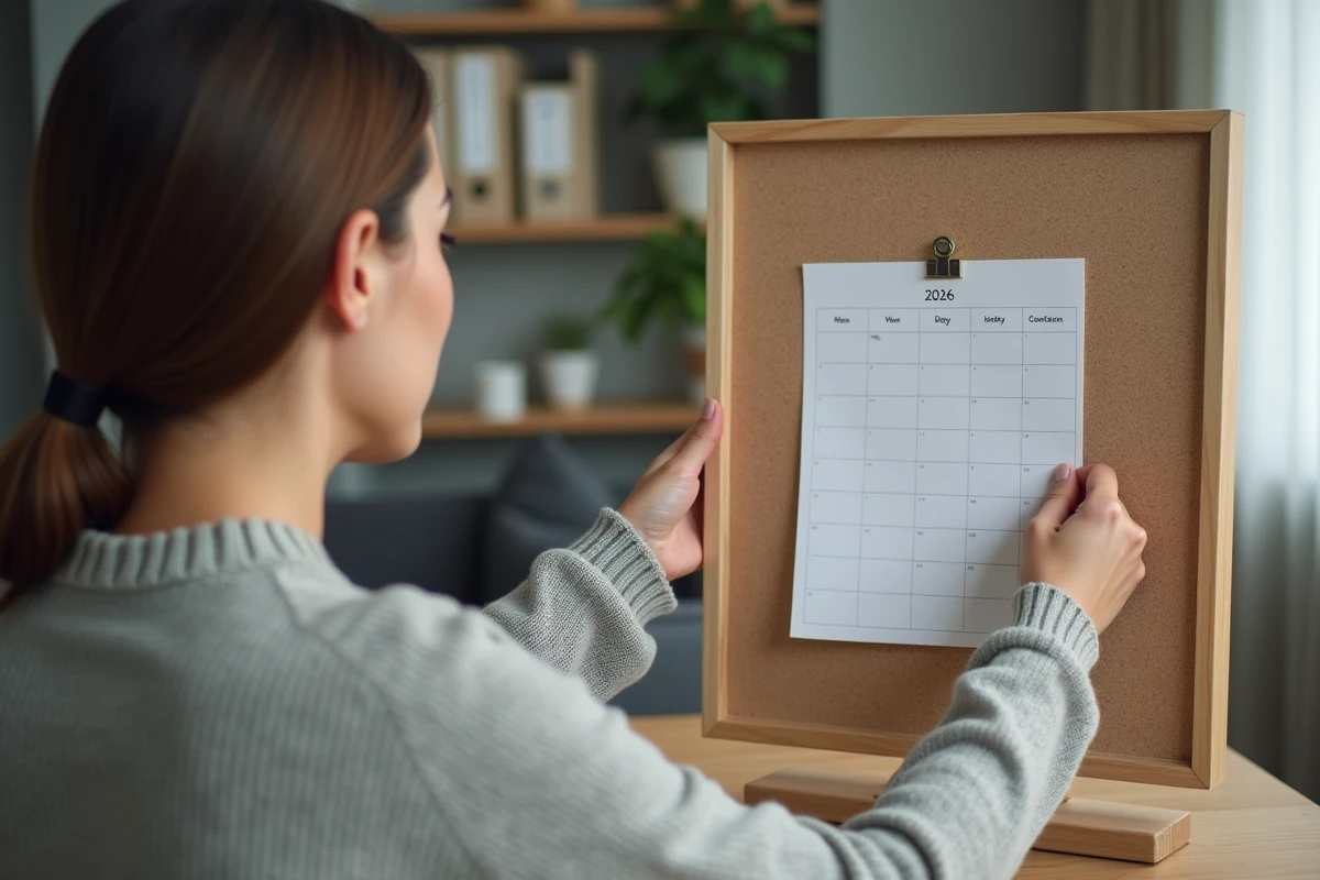 Femme consultant un calendrier annuel 2026 trimestriel en une page affiché sur un tableau en liège dans un bureau à domicile