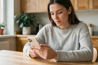 Femme consultant son numéro Lyca Mobile sur son smartphone à la maison