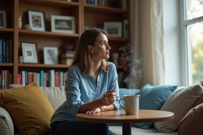 Femme méditerranéenne en intérieur cosy avec mug chaud