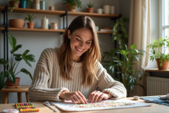 Femme souriante en couture diamant dans un salon lumineux