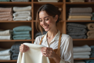 Femme souriante examinant des tissus dans une boutique