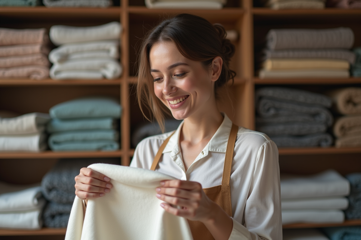 Femme souriante examinant des tissus dans une boutique