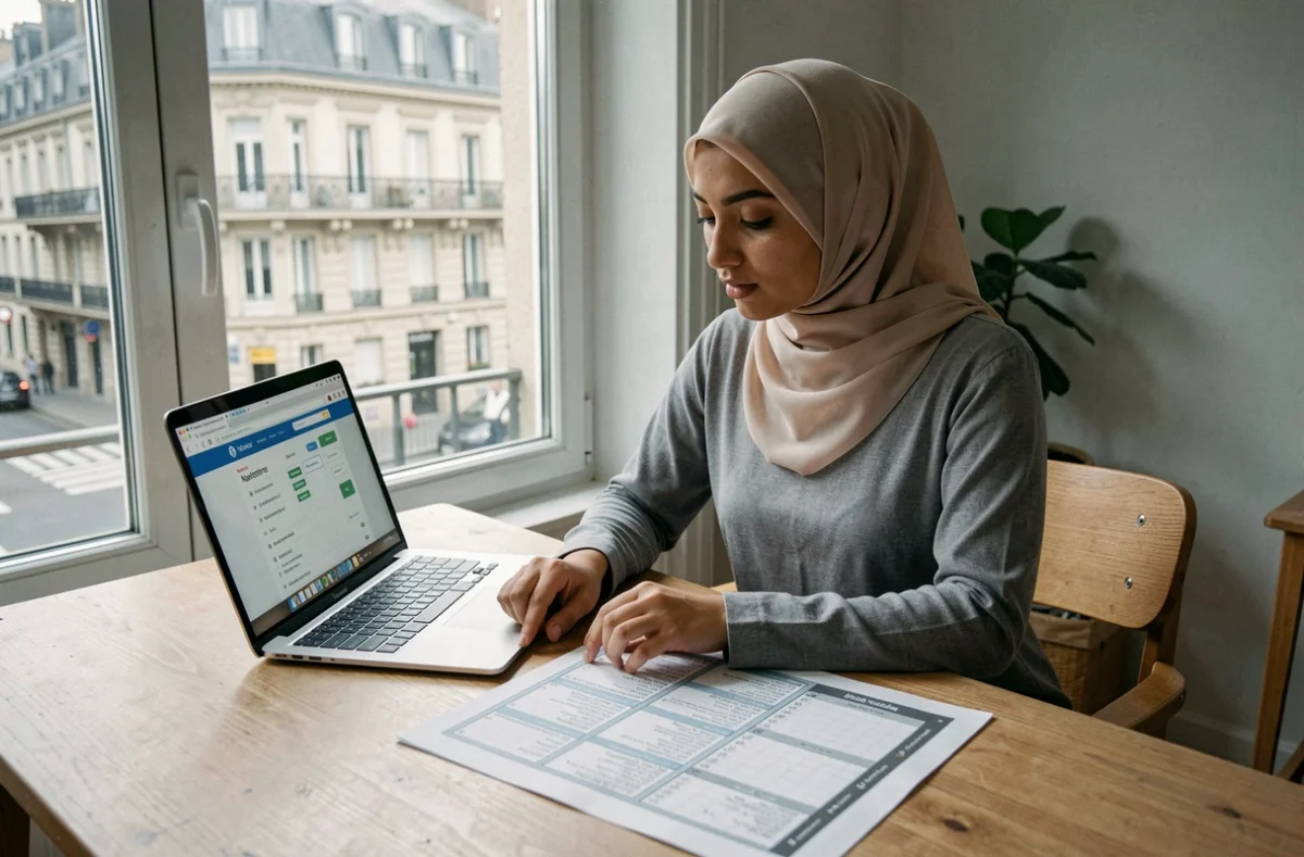 Jeune femme musulmane voilée consultant un calendrier des heures de prière à son bureau avec vue sur Nanterre, pour choisir les horaires selon son madhhab
