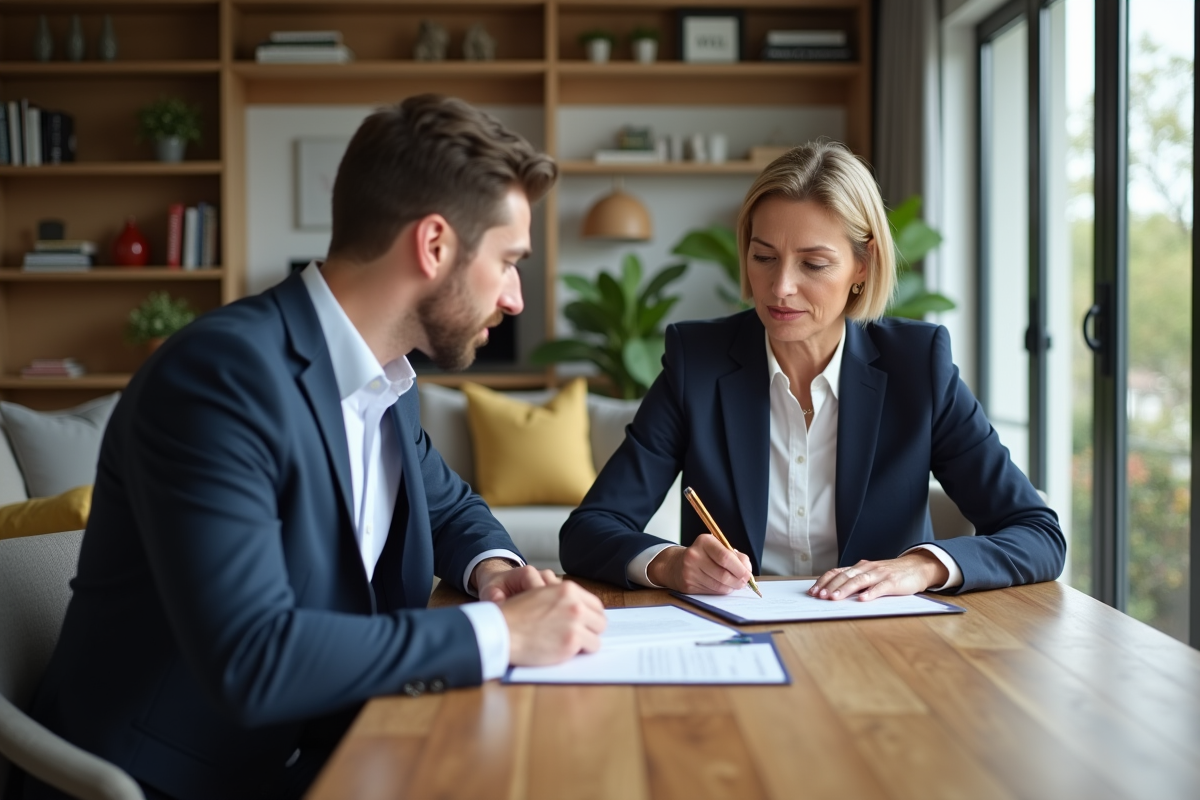 Femme en blazer navy et documents immobiliers