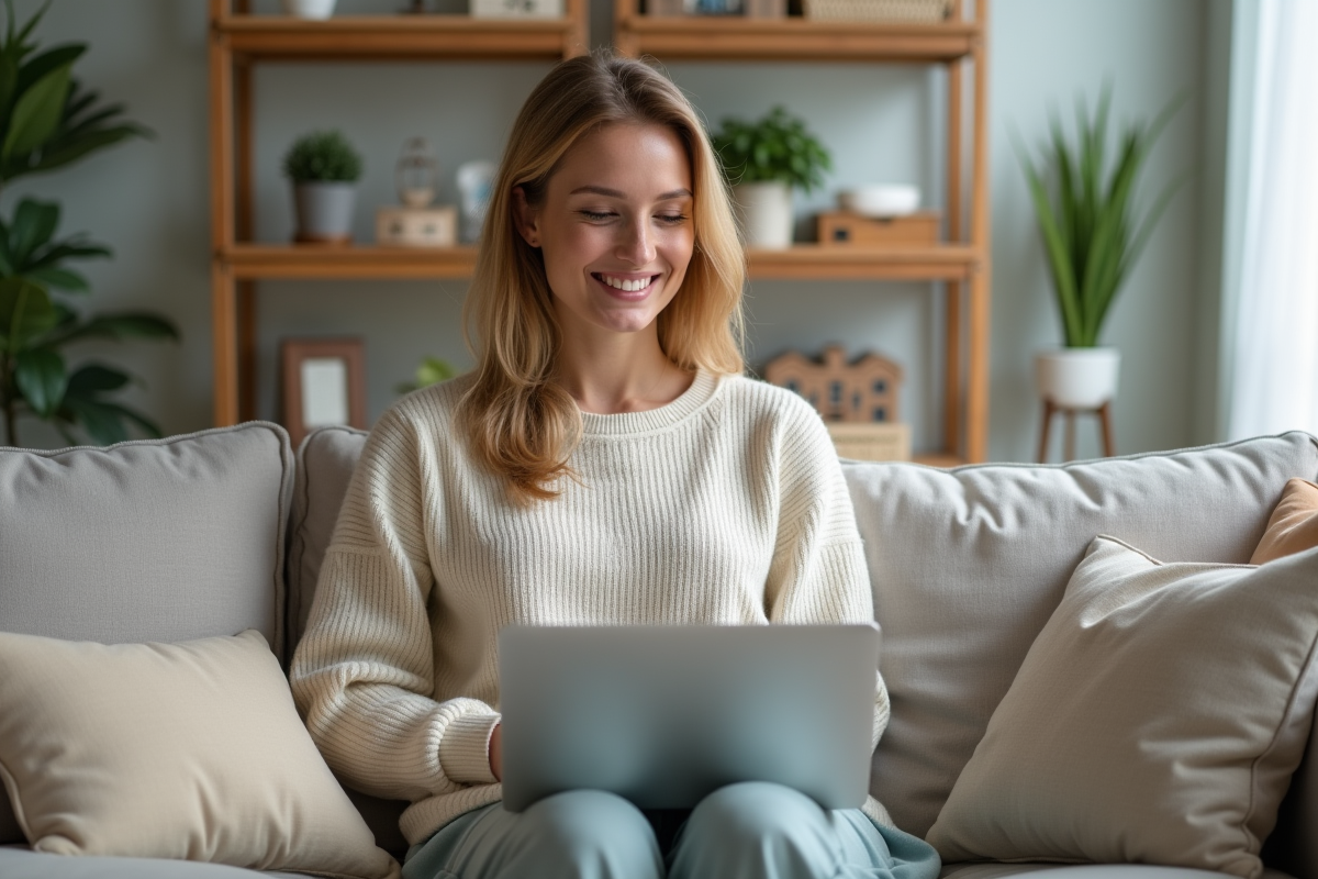Femme souriante à la maison avec ordinateur portable