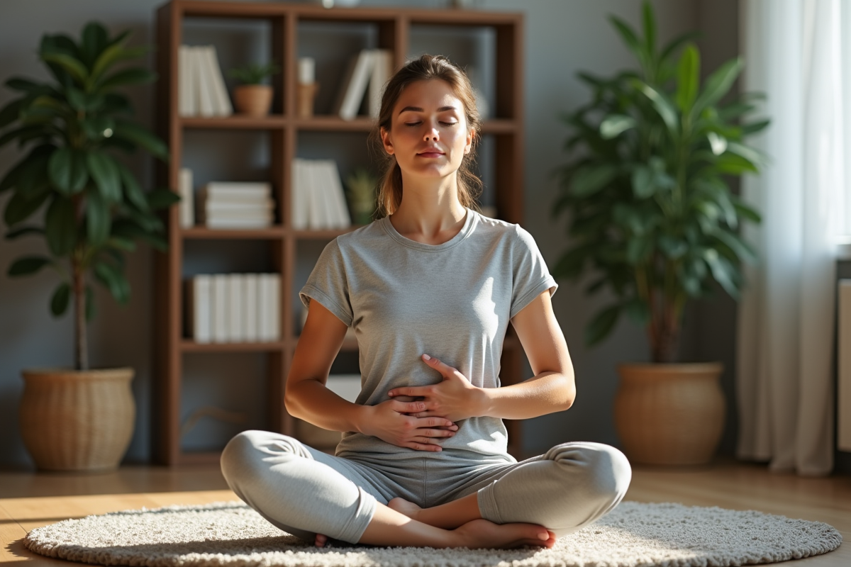 Femme en méditation chez elle pratique la respiration consciente