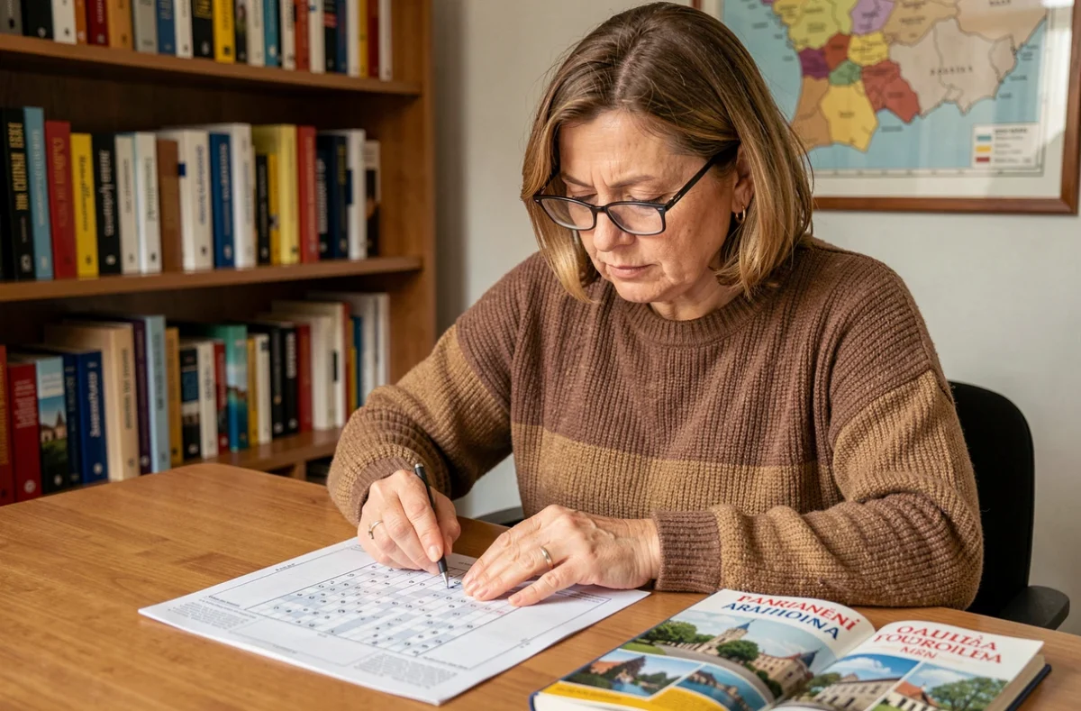 Femme concentrée résolvant une grille de mots croisés sur les villes roumaines à son bureau