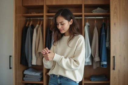 Femme rangeant sa garde-robe dans une chambre moderne