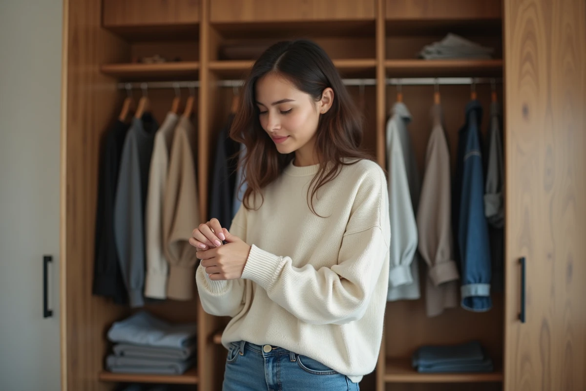 Femme rangeant sa garde-robe dans une chambre moderne