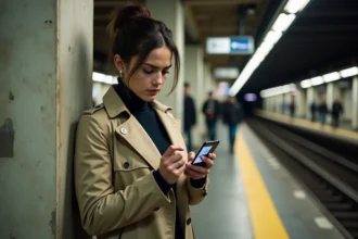 Jeune femme consultant un plan RER hors connexion sur smartphone dans une station parisienne