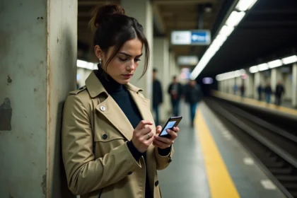 Jeune femme consultant un plan RER hors connexion sur smartphone dans une station parisienne