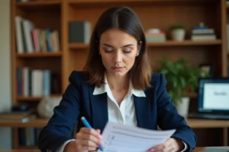 Femme concentrée remplissant un quiz sur les partis politiques à son bureau à domicile, stylo en main devant un questionnaire imprimé