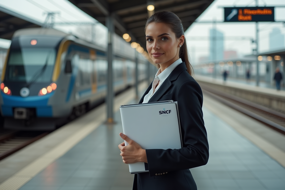Jeune femme d affaires avec dossier SNCF sur plateforme ferroviaire