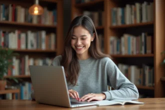 Jeune femme parcourant une bibliothèque d'ebooks gratuits sur son ordinateur portable dans une bibliothèque personnelle chaleureuse