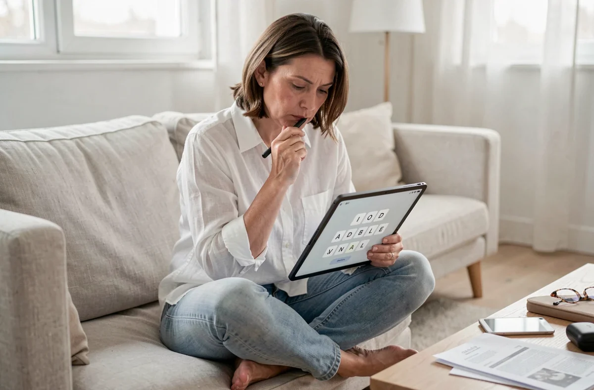 Femme réfléchissant aux indices du jeu Pédantix sur une tablette dans un salon scandinave épuré