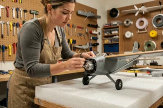 Femme réglant les servos d'un modèle réduit d'avion en atelier d'aéromodélisme