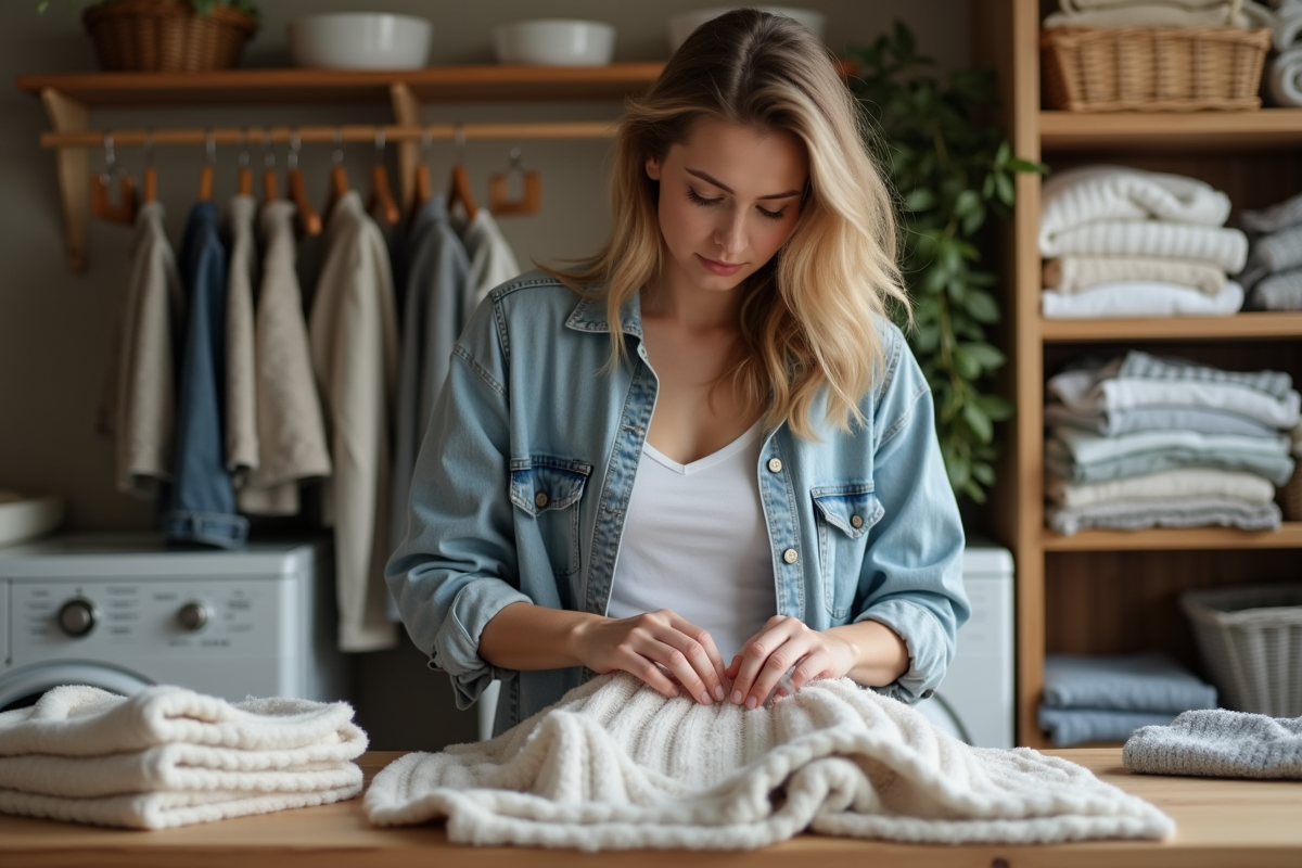 Femme pliant des vêtements dans une buanderie chaleureuse