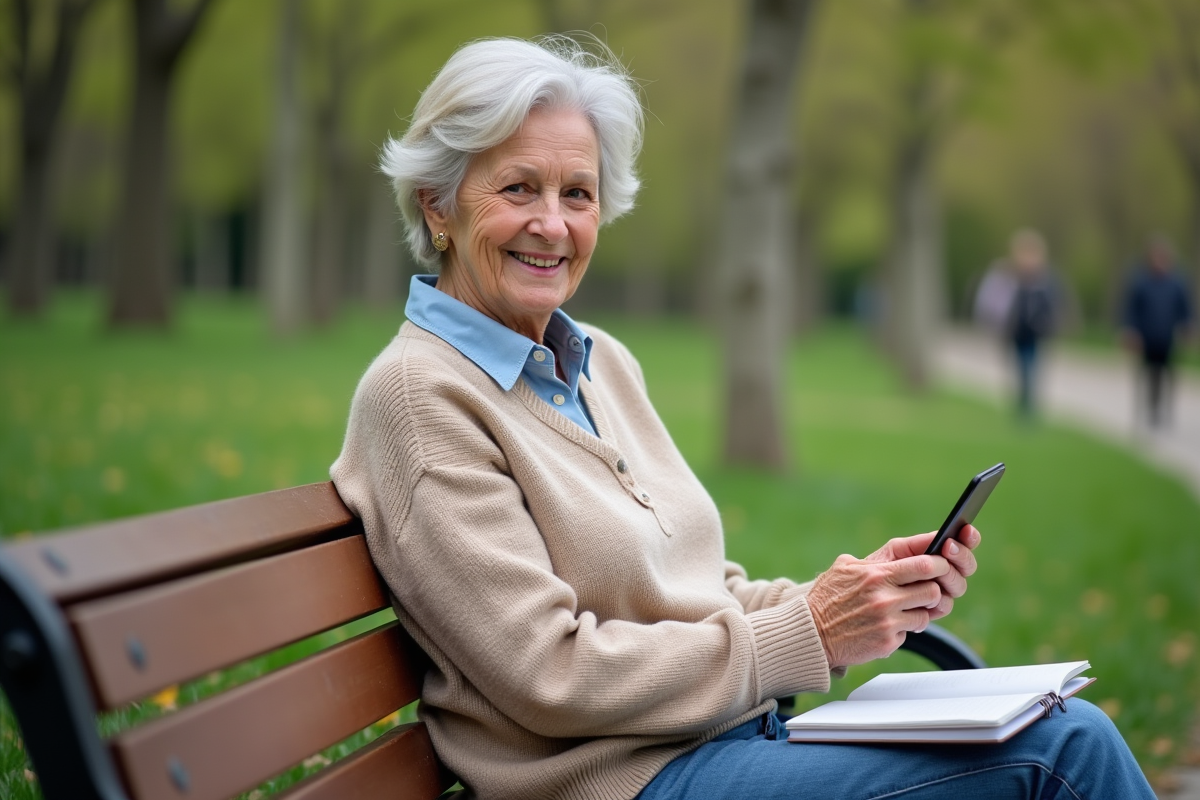 Femme retraitée souriante consulte son application d