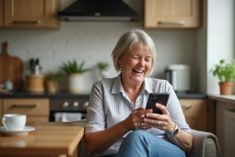 Femme souriante dans la cuisine avec smartphone