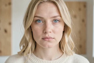 Portrait en gros plan d'une femme scandinave aux yeux bleus clairs et aux cheveux blonds naturels, illustrant la forte prévalence des yeux bleus dans les pays nordiques