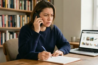 Femme contactant le service client AliExpress par téléphone depuis son bureau à domicile