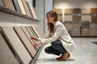 Femme examinant des carreaux grand format dans un showroom de carrelage professionnel