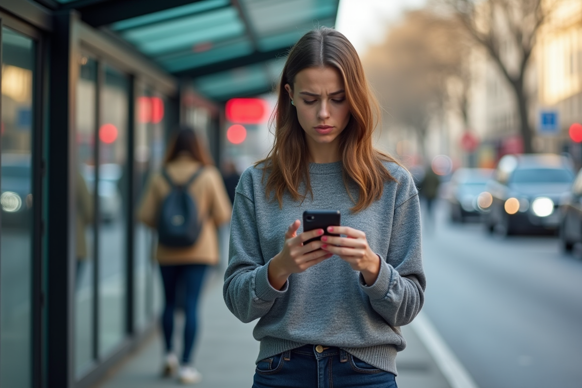 Jeune femme en extérieur regarde son smartphone inquiet