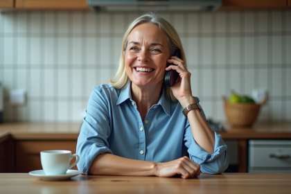 Femme souriante au téléphone dans la cuisine chaleureuse
