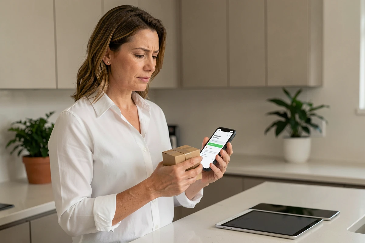 Femme contactant le support AliExpress depuis chez elle avec un colis en main