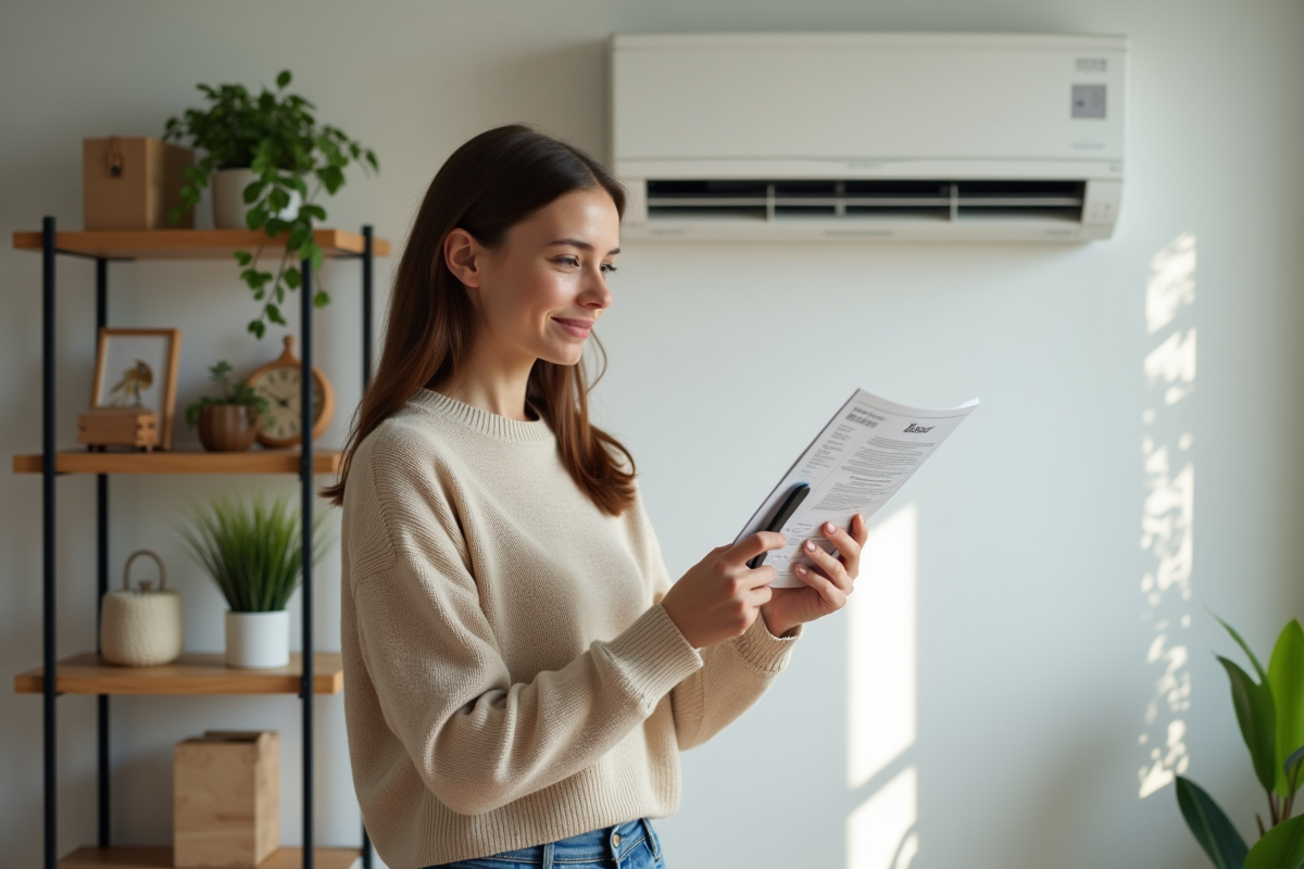 Jeune femme vérifiant la télécommande de la climatisation