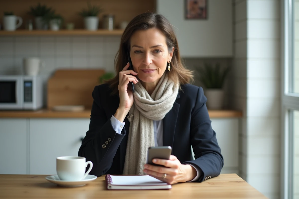 Femme d'âge moyen au téléphone dans une cuisine lumineuse