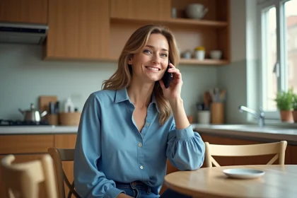 Femme au téléphone dans une cuisine lumineuse et moderne