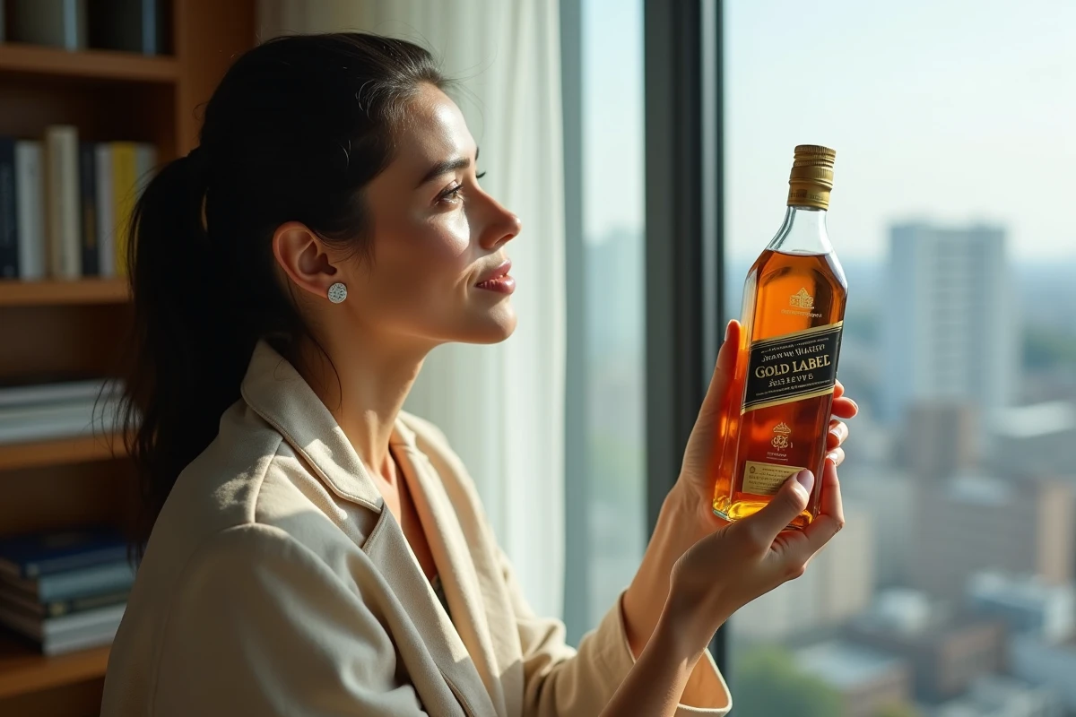 Femme examinant le sceau holographique d'une bouteille de Johnnie Walker Gold Label pour vérifier son authenticité
