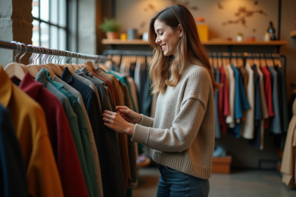 Femme dans une boutique de seconde main en train de choisir une veste vintage