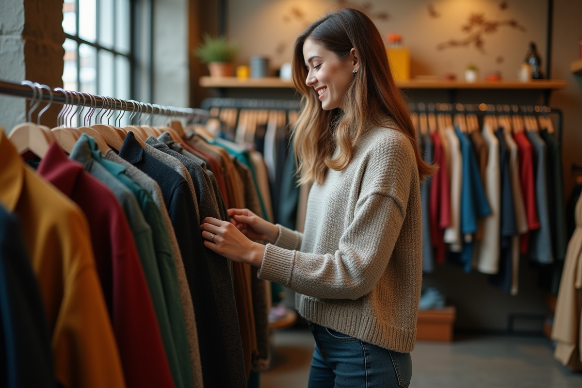 Femme dans une boutique de seconde main en train de choisir une veste vintage