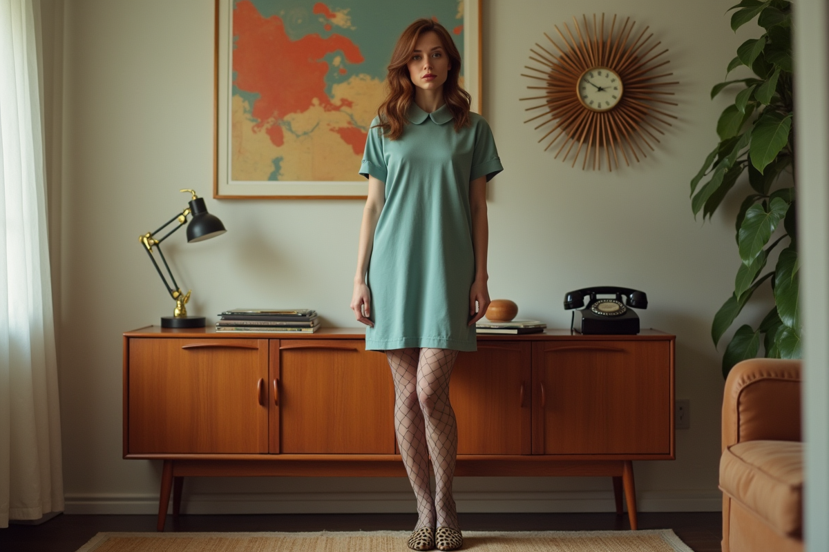 Femme élégante dans un appartement vintage 1967