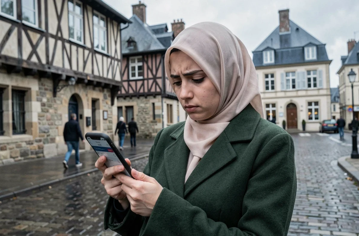 Jeune femme voilée vérifiant l'heure de prière sur une application mobile en plein centre-ville de Rennes