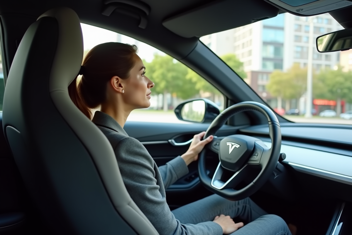 Femme en voiture autonome dans un environnement urbain