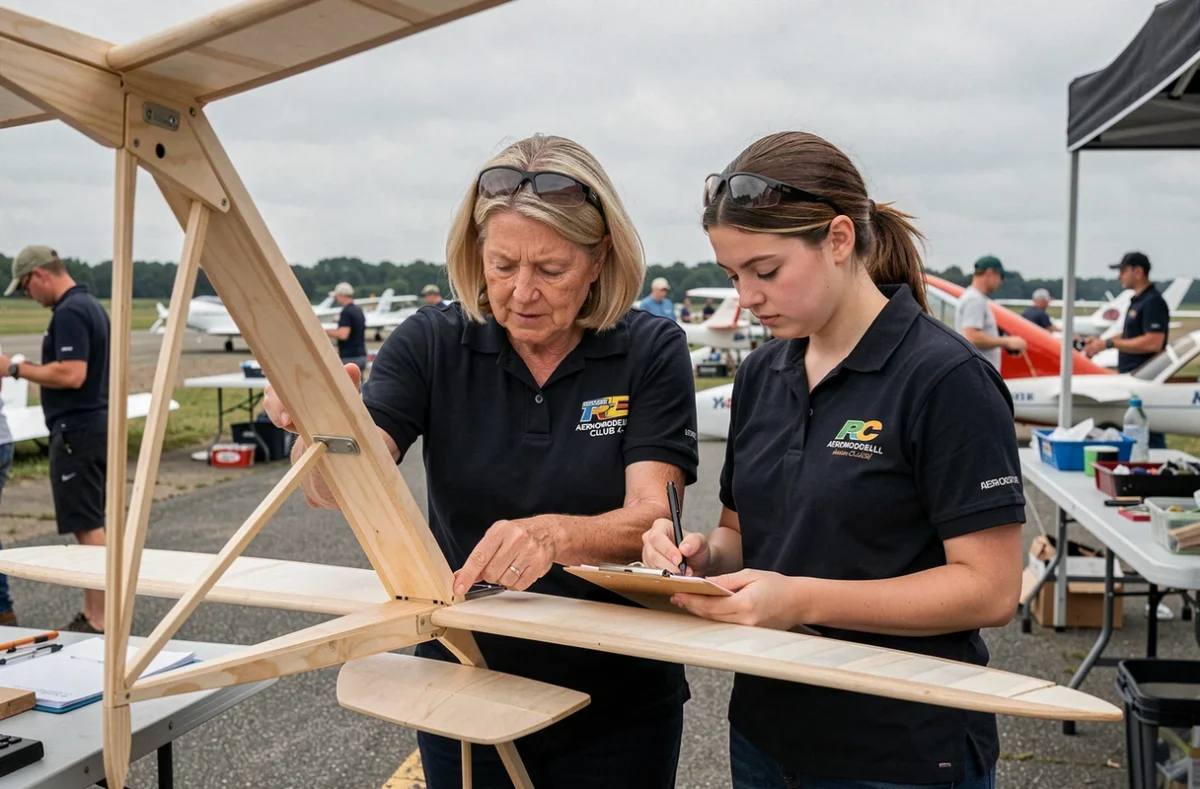 Deux femmes passionnées d'aéromodélisme réglant ensemble un planeur RC lors d'un meeting aérien