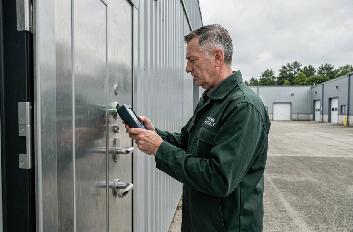 Technicien Ferme Protect évaluant un système de fermeture multipoints sur une porte blindée commerciale en banlieue