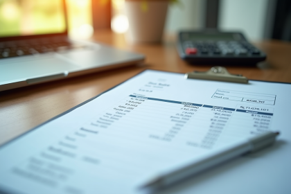 Espace de travail professionnel avec fiche de paie et calculatrice