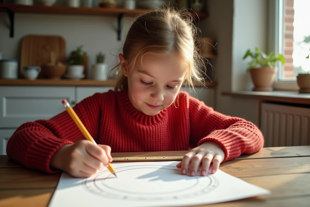 Jeune fille trace un cercle en famille dans la cuisine