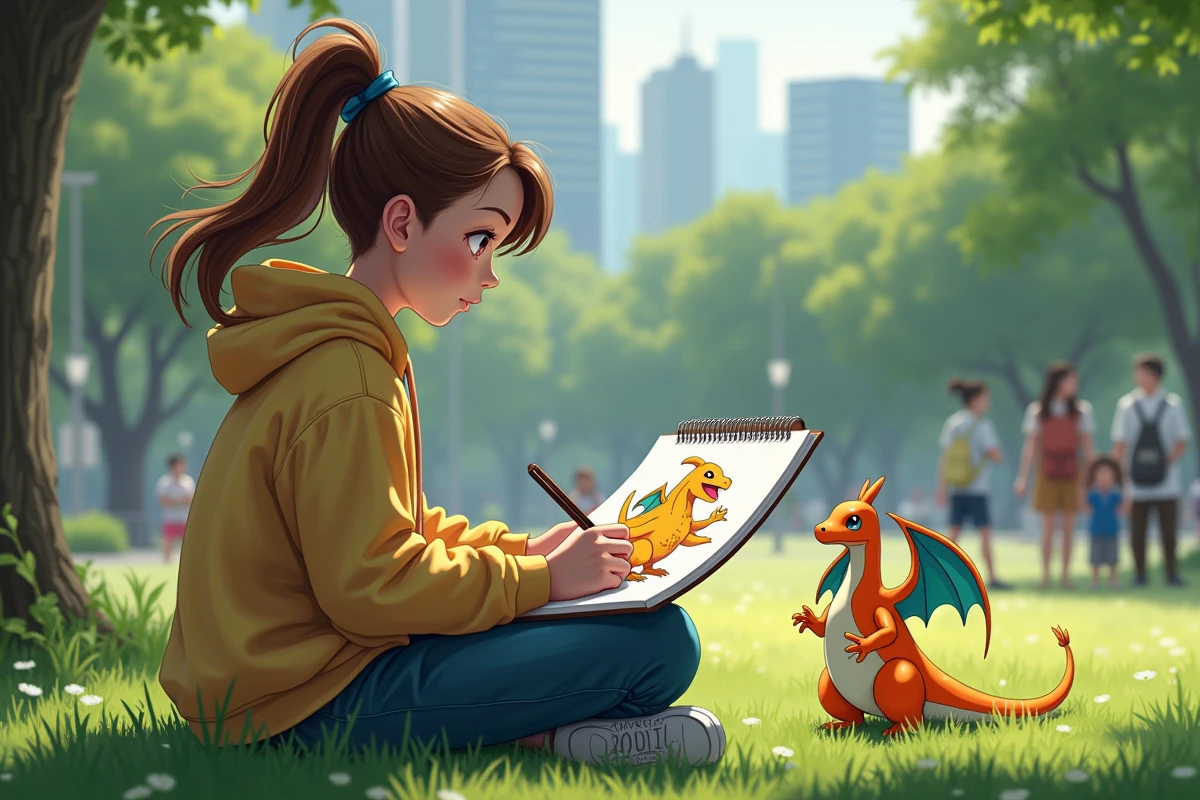 Adolescente dessinant un charizard dans un parc urbain en plein air