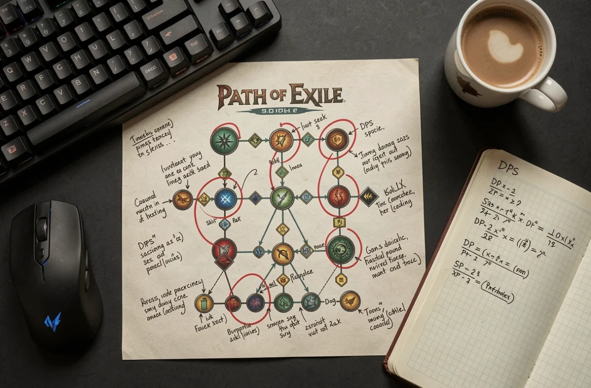 Vue aérienne d'un bureau gaming avec un arbre de compétences Path of Exile 2 annoté en rouge signalant les erreurs de build qui réduisent le DPS