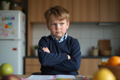 Garçon de 8 ans frustré assis à la cuisine