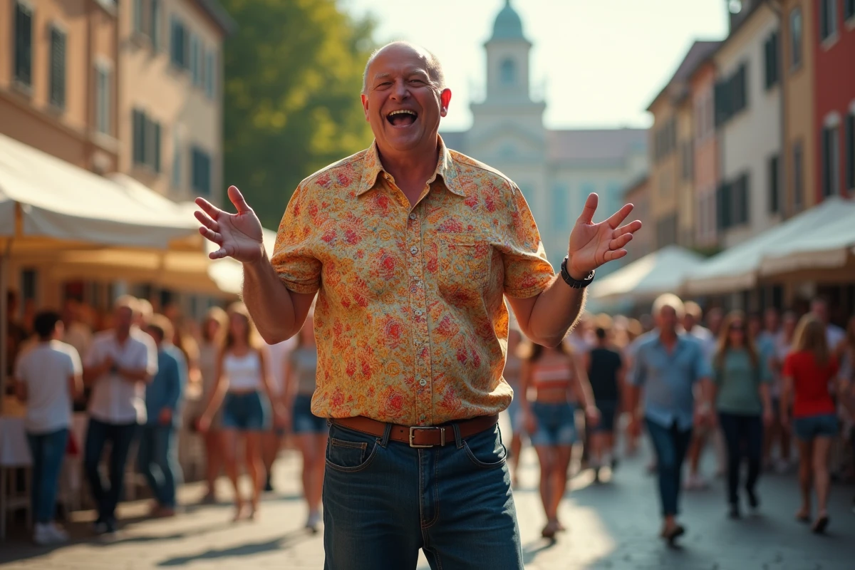 Grand animateur de variétés gesticulant avec enthousiasme lors d'un événement public en plein air